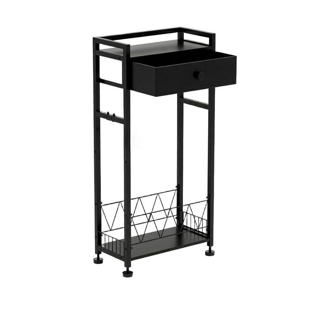 Freestanding Toilet Paper Holder Stand with Storage Drawer, Spare Roll Basket, Bathroom Organizer in Matte Black
