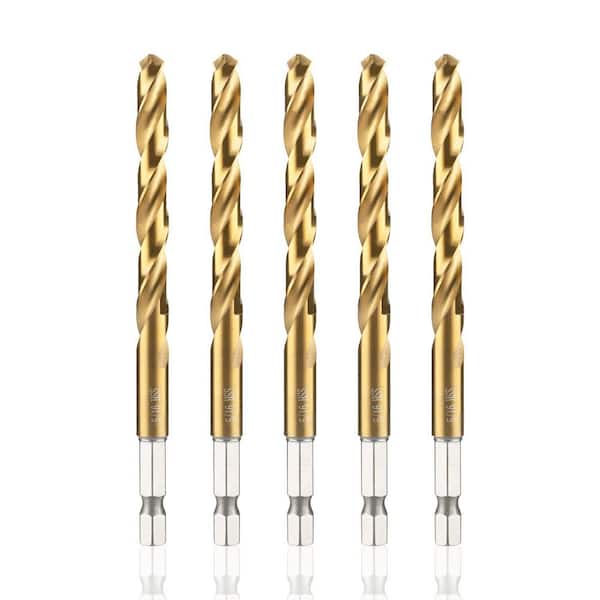 NVNOO 5/16 in. Titanium HSS Twist Hex Shank Drill Bit Set for Metal Steel Wood Plastic, Gold (5-Pack)