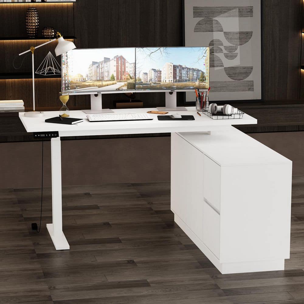54.3 in. L-Shape White Wood 2-Drawer 2 Cabinet Executive Desk with Electric Height Adjustment for Home Office