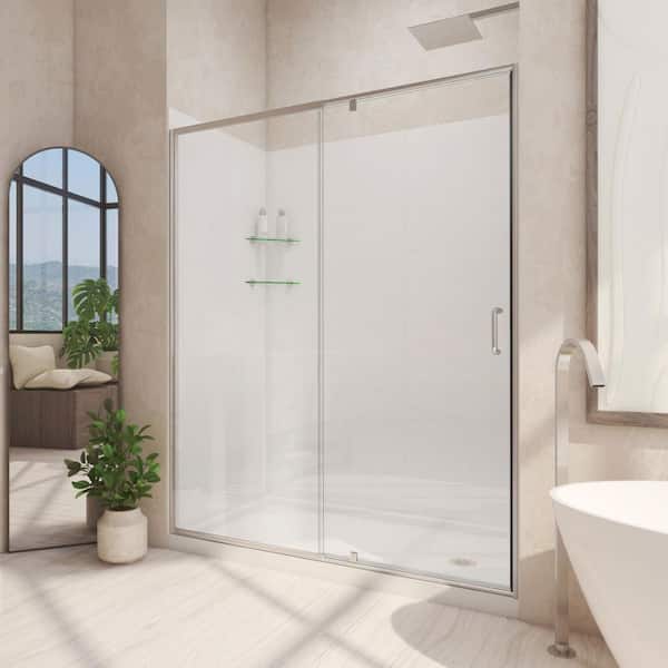 DreamLine 34 in. D x 60 in. W x 78-3/4 in. H Pivot Semi-Frameless Shower Door Base and White Wall Kit in Brushed Nickel