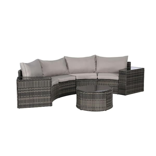 Tenleaf 7-Piece Wicker Patio Conversation Set with Light Gray Cushions, Tempered Glass Round Coffee Table