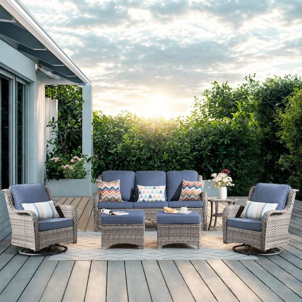 Moonlight Gray 6-Piece Wicker Patio Conversation Seating Sofa Set with Denim Blue Cushions and Swivel Rocking Chairs