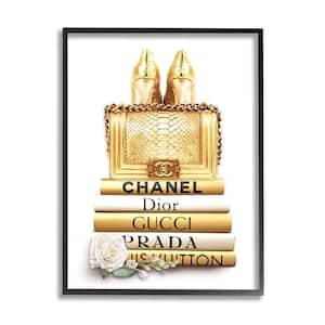 "Divine Golden Fashion Purse on Glam Designer Bookstack" by Ros Ruseva Framed Abstract Wall Art Print 16 in. x 20 in.