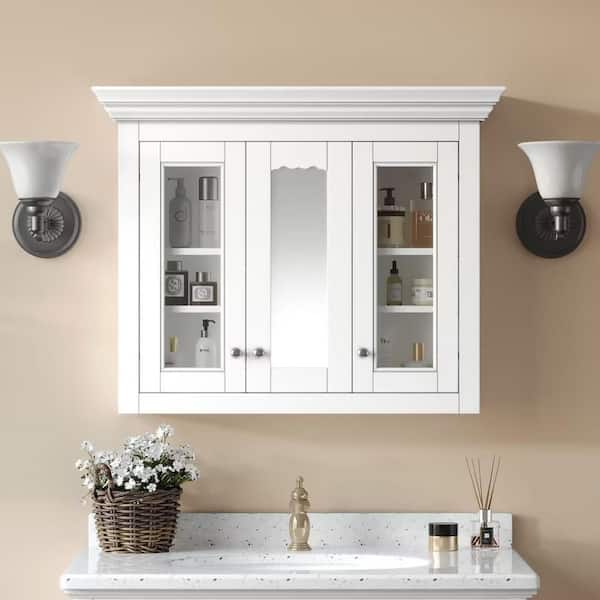 35.03 in. W x 28 in. H White Rectangular Medicine Cabinet with Mirror, Glass Doors and Adjustable Shelves