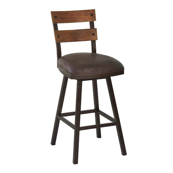 Armen Living Saugus 30 in. Bar Height Metal Swivel Bar Stool in Bandero Espresso Fabric and Auburn Bay with Walnut Wood Back