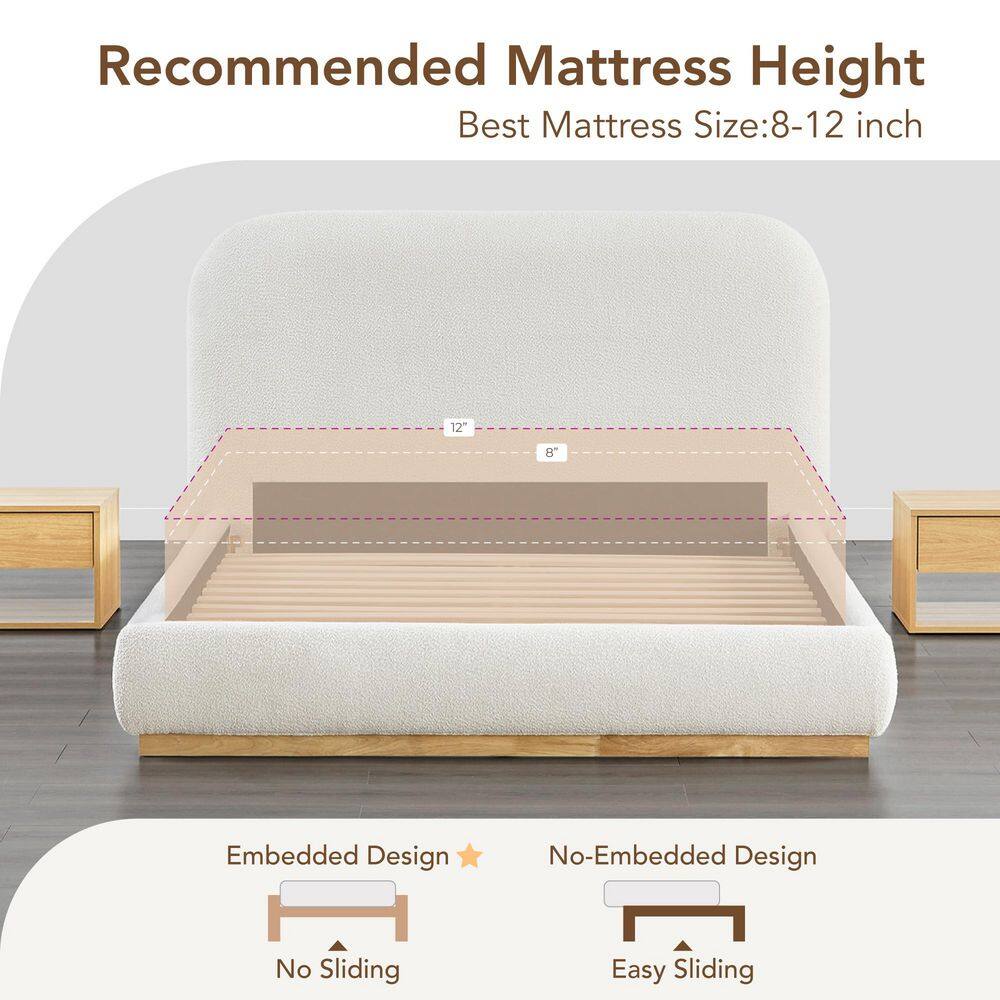 Emery Natural Beige Solid Wood Frame Queen Platform Bed with Boucle Upholstered Headboard - thumbnail 3