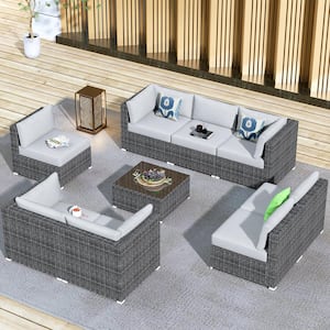 Messi Grey 9-Piece Wicker Outdoor Patio Conversation Sofa Seating Set with Grey Cushions