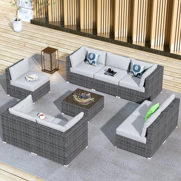HOOOWOOO Messi Grey 9-Piece Wicker Outdoor Patio Conversation Sofa Seating Set with Grey Cushions