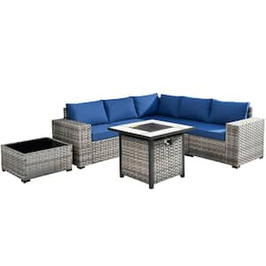 Crater Gray 7-Piece Wicker Wide-Plus Arm Outdoor Patio Conversation Sofa Set with a Fire Pit and Navy Blue Cushions