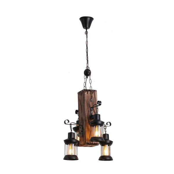OUKANING 17.7 in. 4-Light Brown Industrial Vintage Wooden Pendant Light