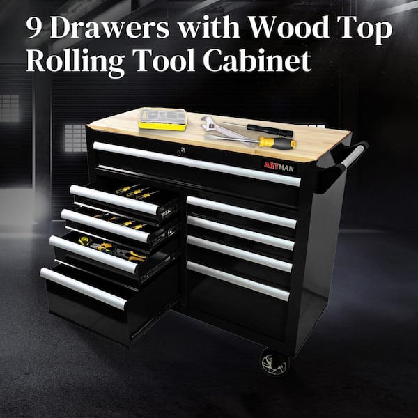 Heavy Duty 42.1 in. W x 18.1 in. D 9-Drawer Black Steel Rolling Tool Cabinet