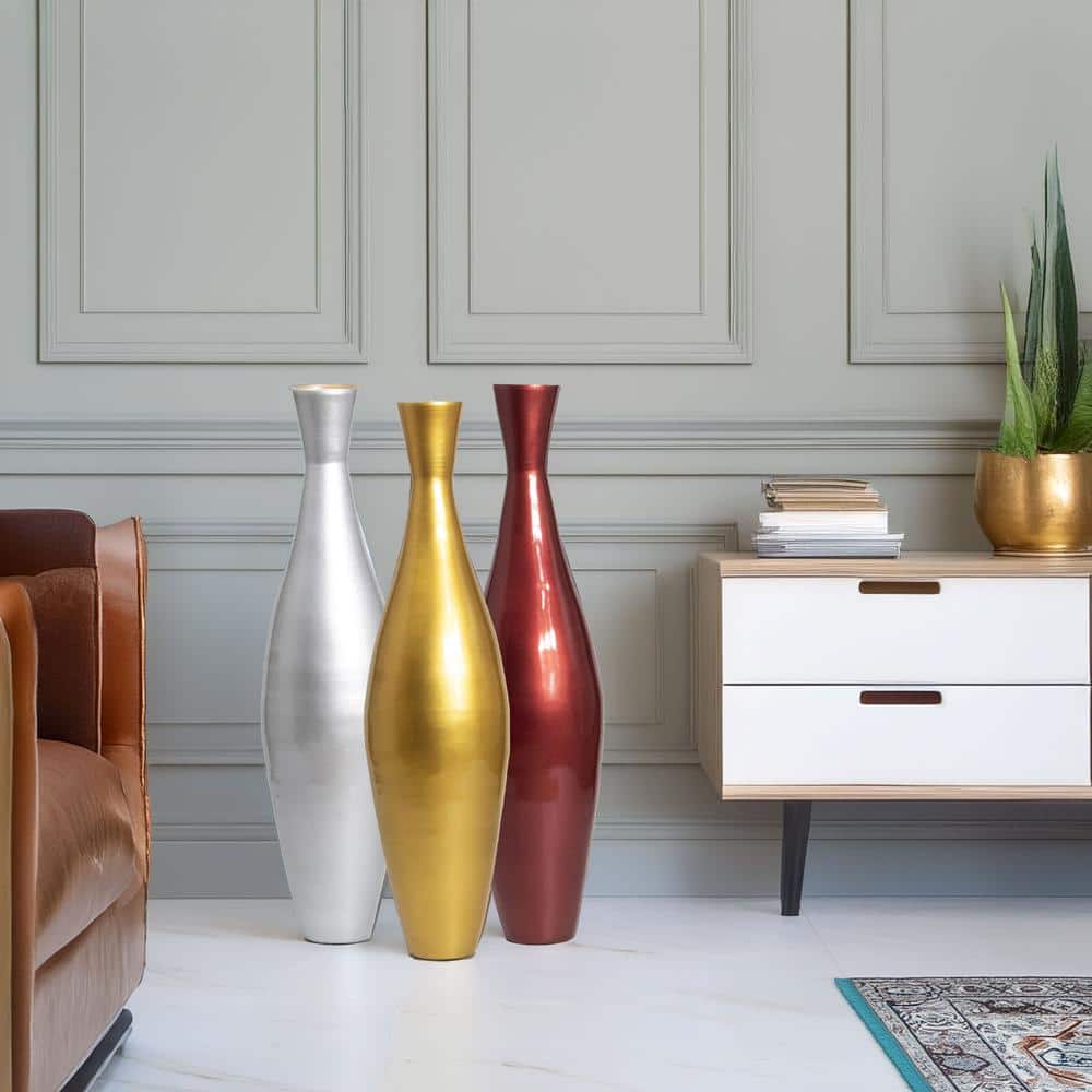 Tall Silver, Red, and Gold Bamboo Floor Vase Set