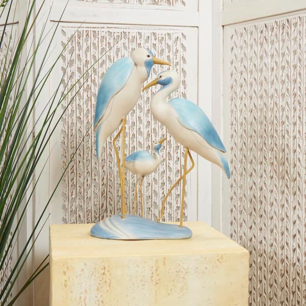 Litton Lane 15 in. Light Blue Polystone Family Bird Sculpture with Yellow Accents