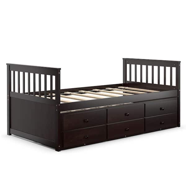 Costway Twin Captain's Bed Bunk Bed Alternative w/ Trundle and Drawers for Kids Espresso