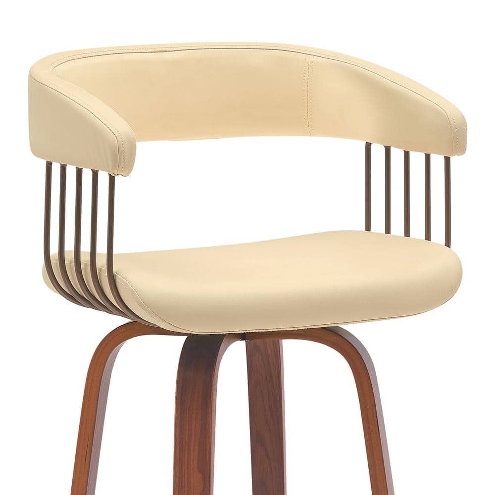 Topanga Cream Faux Leather Swivel Counter Stool with Walnut Wood and Bronze Metal