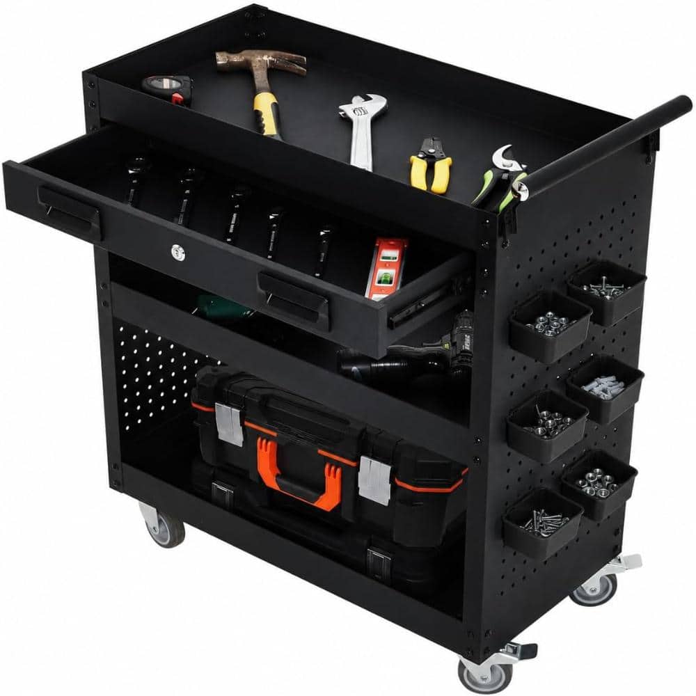 27x13.6x31.4 in. Rolling Tool Cart Utility Cart 3-Tier Steel Mobile Workstation with Drawer & Locking Casters price history on PriceWatchPro