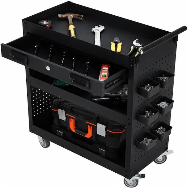 Heavy Duty 3 Tiers,Steel Rolling Tool Cart with Drawer, Locking Casters, Mobile Organizer for Garage, Workshop,Warehouse