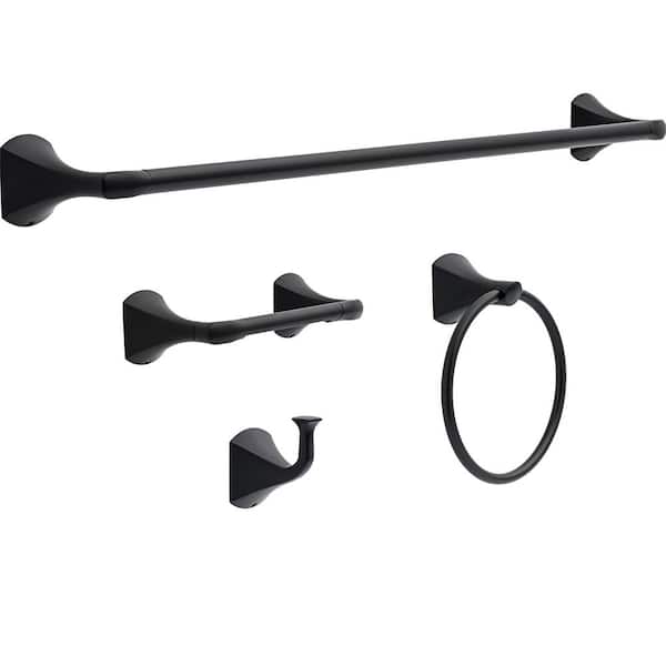 Pierce 4-Piece Bathroom Hardware Set 24 in. Towel Bar, Toilet Paper Holder, Ring, Hook in Matte Black