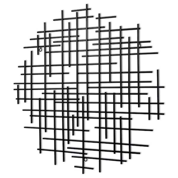 HomeRoots 29.75 in. x 30 in. Black Metal Abstract Lines Round Hanging Dimensional Wall Art 1-Piece