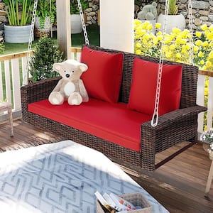 Patio Outdoor 50 in. W 2-Person Hanging Wicker Porch Swing with Chains and Red Cushion Pillow