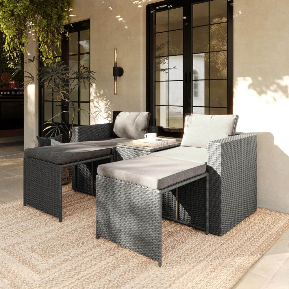 Nico Indoor/Outdoor Modular 5-Piece Plastic Loveseat Sofa Set with Table and Ottomans, Gray Cushions and Gray Rattan