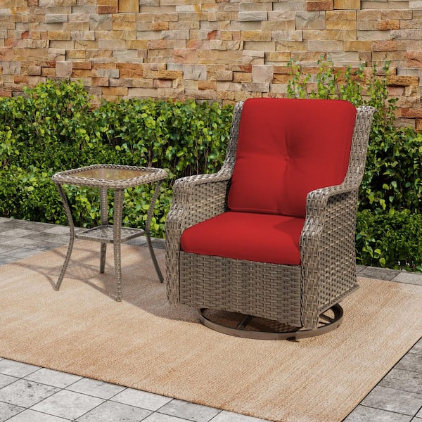2-Piece Wicker Patio Lounge Chair and Glass Side Table Set with Swivel Rocker and Red Cushions