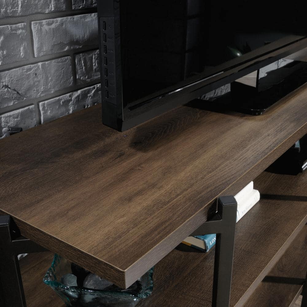 Smoked Oak and Black Metal 55" TV Stand with Open Shelving