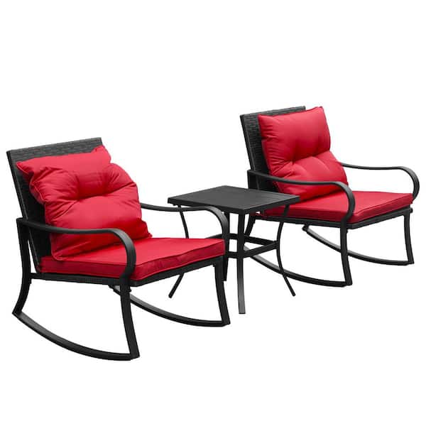Metal Patio Outdoor Rocking Chair with Red Cushions (2 Chairs and 1 Table)