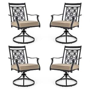 Patio Metal Swivel Chairs Set of 4-Black Fabric Bistro Outdoor Rocking Chairs with Khaki Cushion Curved Armrests
