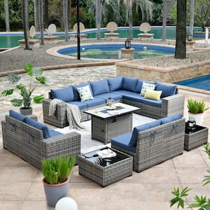 Tahoe Grey 13-Piece Wicker Wide Arm Outdoor Patio Conversation Sofa Set with a Fire Pit and Denim Blue Cushions