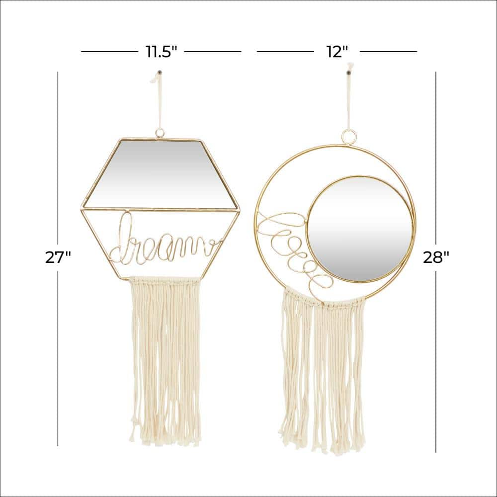 Gold Geometric Wall Mirrors with Fringe Tassels, Set of 2