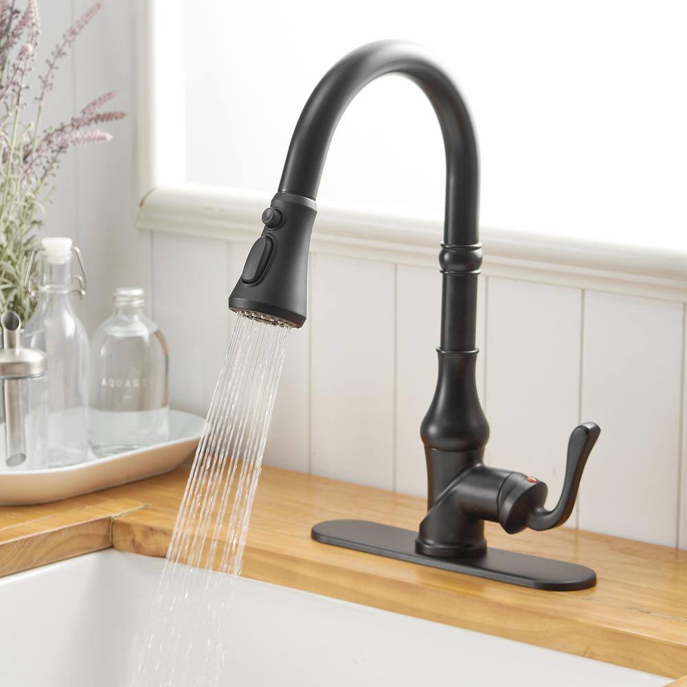 Matte Black Single-Handle Pull-Down Kitchen Faucet with Deck Plate