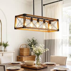 31.5 in. 5-Light Farmhouse Natural Wood and Black Metal Linear Pendant Light, Kitchen Island Lighting for Dining Room
