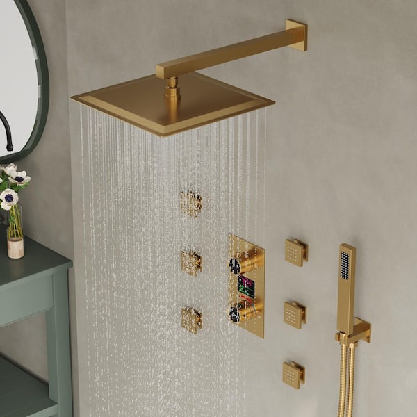 Knobs 3-Spray 12 in. Thermostatic Rain Dual Shower Head Fixed and Handheld Shower Head in Brushed Gold 2.5 GPM