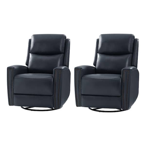 JAYDEN CREATION Regina 30.31 in. Wide Navy Genuine Leather Swivel Rocker Recliner with Nailhead Trims (Set of 2)