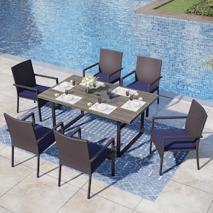 Black 7-Piece Metal Patio Outdoor Dining Set with U Shaped Rectangle Table and Rattan Chair with Blue Cushion