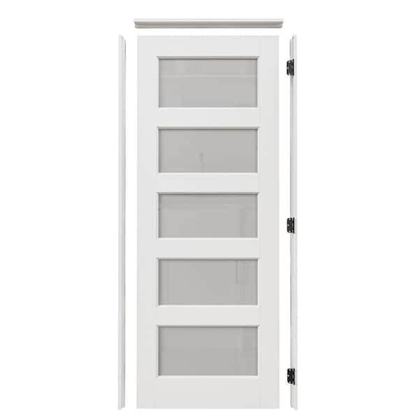 30 in. x 80 in. Left Handed 5-Lite Frosted Glass White MDF Assembly Required Interior Door Kit w/ Separate Jamb