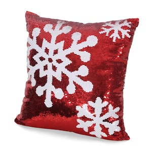 Quay Red and White Snowflakes Sequin 18 in. x 18 in. Christmas Throw Pillow Cover