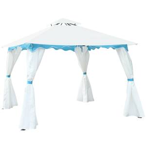 10 ft. x 10 ft. White Plus Blue 2-Tier Patio Gazebo Canopy Tent with Side Walls
