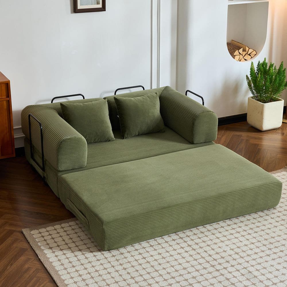 sofa bed ソファベッド 59.05 in. Green Striped Corduroy Twin Size Convertible Sofa Bed