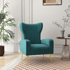 Modern Peacock Blue Wide armreat Velvet upholstered Fabric Accent Armchair with Metal Legs