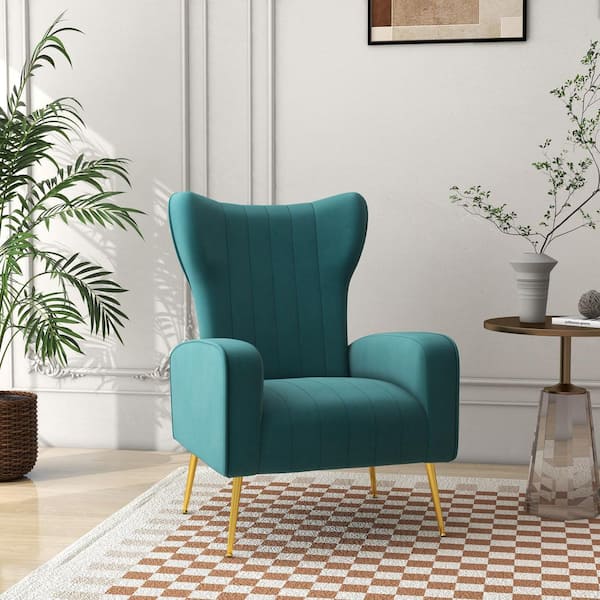 26 in. Modern Peacock Blue Upholstered Velvet Arm Chair with Metal Legs