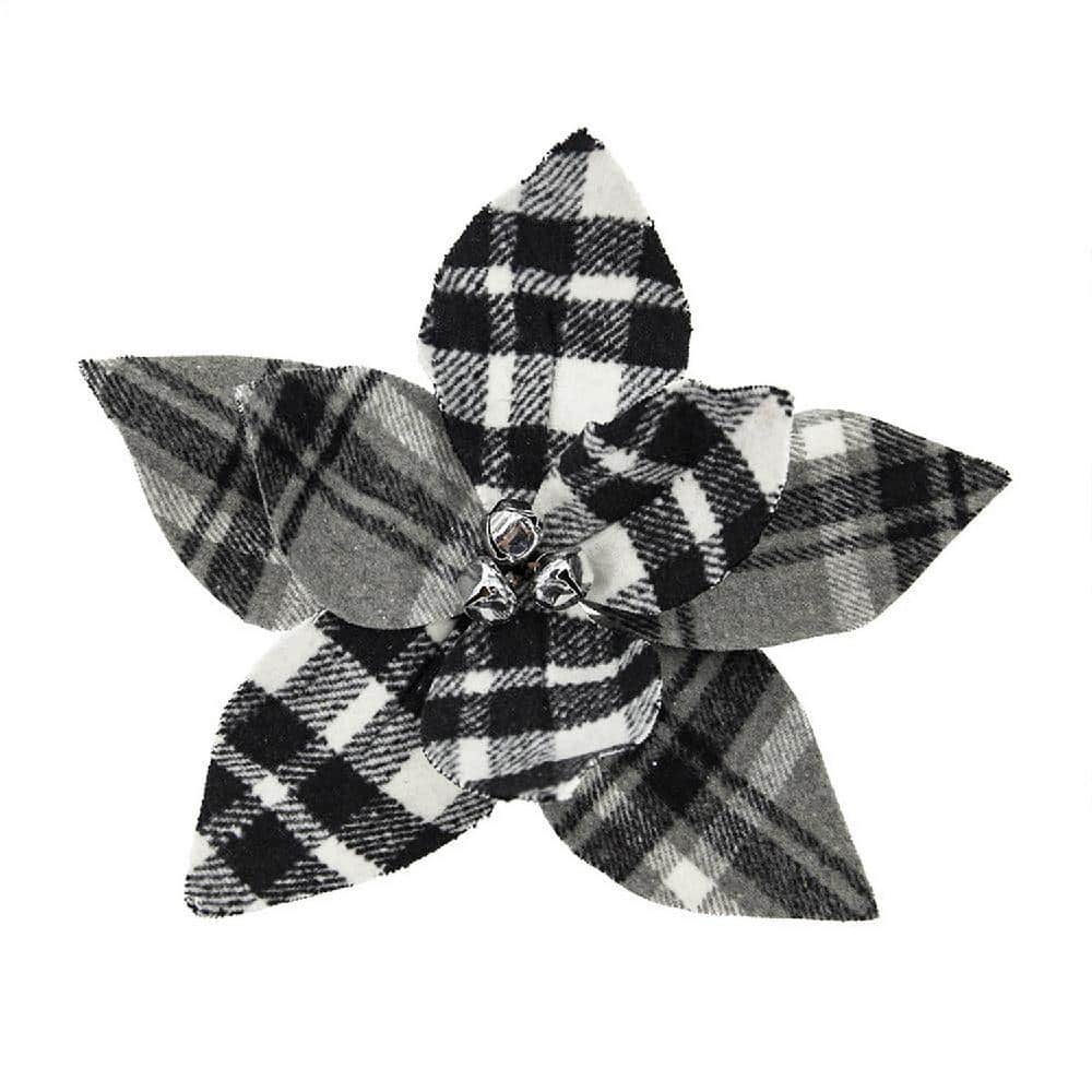 13" Black and White Plaid Poinsettia Stems Set of 12