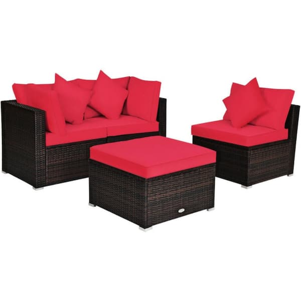 Kadehome 4-Piece Rattan Wicker Outdoor Sectional Set with Pillows and Removable Red Cushions