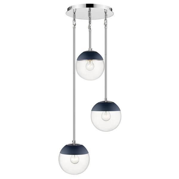 Golden Lighting Dixon 3-Light Pendant in Chrome with Clear Glass and Navy Cap