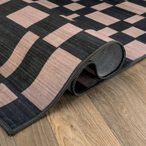Checkered Block Slate Machine Washable Polyester Non-Slip Backing 5 ft. x 7 ft. Gray Area Rug