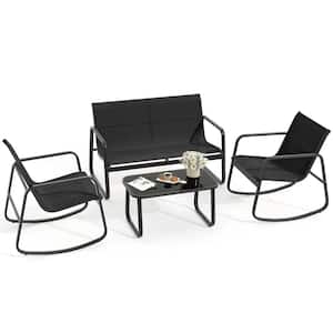 4-Piece Patio Outdoor Furniture Bistro Set with 1 Loveseat 2 Rocking Bistro Chairs and Glass Table