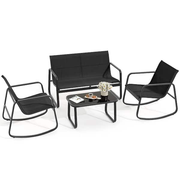 DEXTRUS 4-Piece Patio Outdoor Furniture Bistro Set with 1 Loveseat 2 Rocking Bistro Chairs and Glass Table