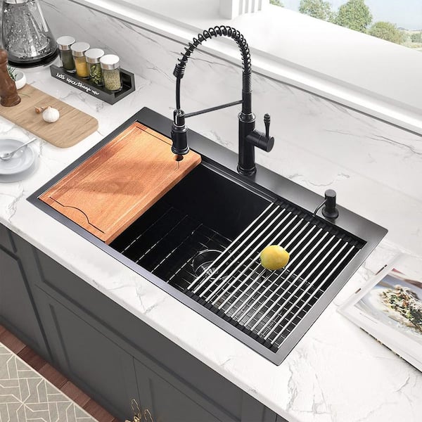 PROOX Matte Black Stainless Steel 33 in. Single Bowl Drop-In Kitchen Sink with All-in-One Accessory Set