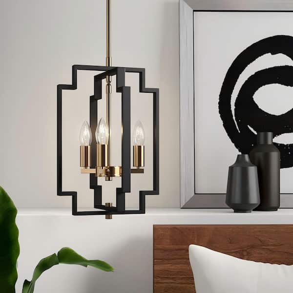 3-Light 10.8 in. Black And Gold Iron Modern Candle Dimmable Pendant Dining Kitchen Foyer Bedroom Lighting，ETL Listed